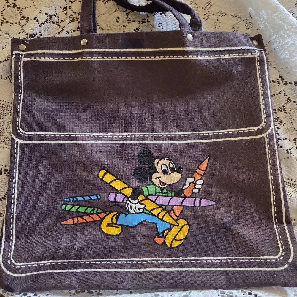 Disney Brown Canvas Tote with Mickey Mouse Crayon Graphic